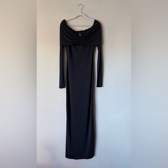 Helsa Matte Maxi Black Dress Jersey Off Shoulder Ruched Long Sleeve Size S - Picture 6 of 9